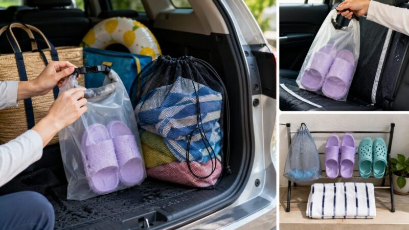 濡れたサンダルとタオルを袋分けし、車の荷室へ整理して持ち帰る様子