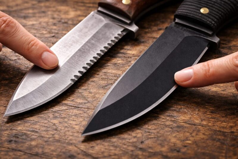 ギザ刃と黒いコーティング刃を並べ、違いと注意点を見分けられるようにしたイメージ