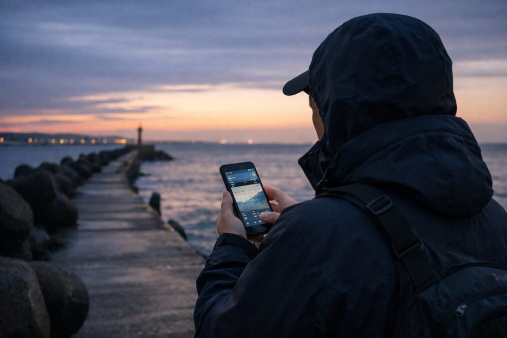 釣行前にスマホで風や潮を確認する防寒ウェア姿の釣り人