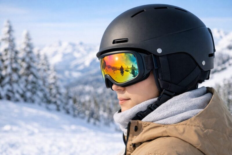 ヘルメットとゴーグルの隙間を整えた着用例