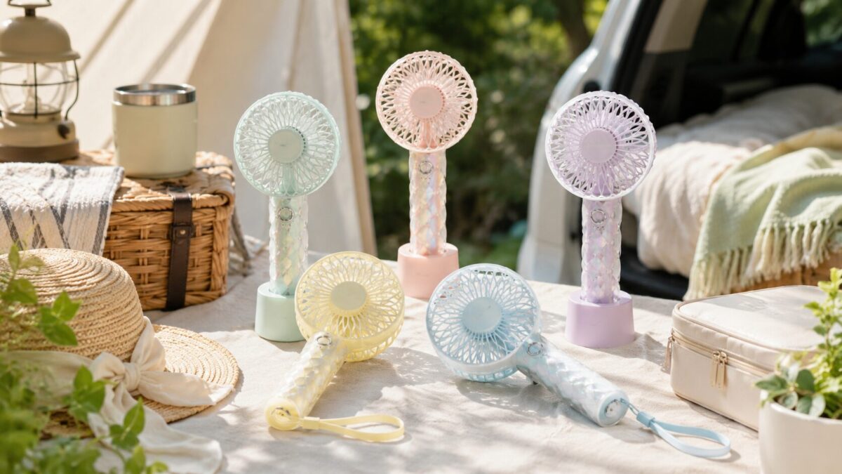 夏のキャンプや車中泊で使いやすいパステルカラーのハンディファンとアウトドア小物