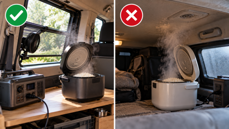 車中泊で炊飯器を水平な台に置いて換気する例と寝具上で使う避けたい例の比較