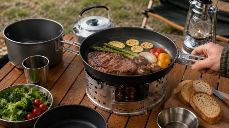 大きめのフライパンで肉と野菜を焼くキャンプ飯の調理風景