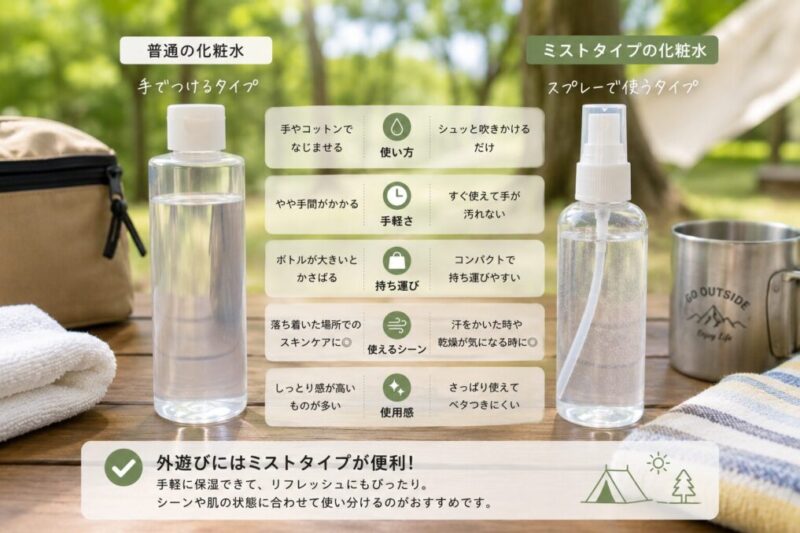 普通の化粧水とミスト化粧水を外遊び用に比較するイメージ