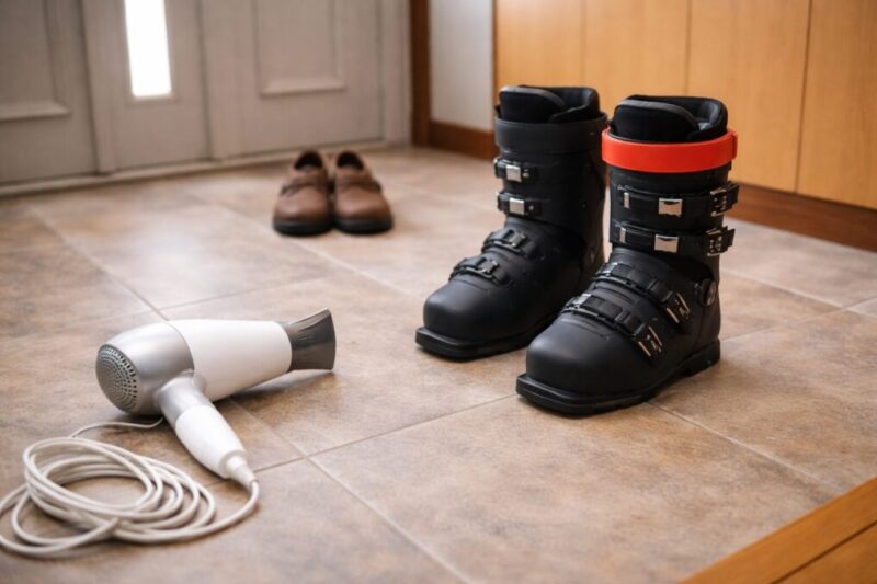 ドライヤーによるスキーブーツ熱成型の難しさを表す注意喚起イメージ