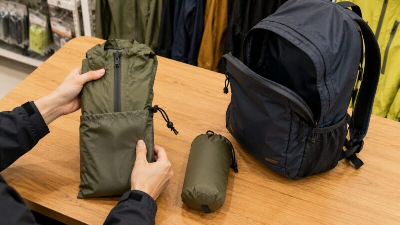 畳んだカーキ色のレインジャケットを収納袋へ入れ、横に置いたリュックへ持ち運ぶ準備をしている様子。