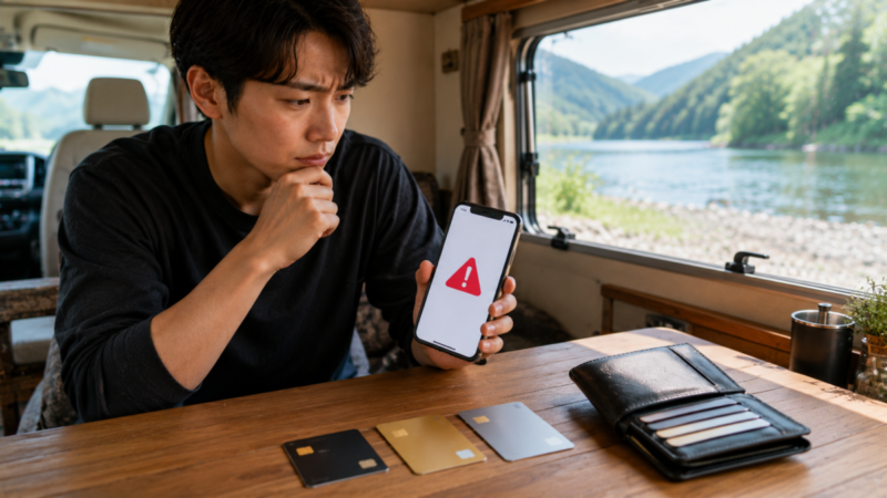 スマホの決済エラーを確認し複数のカードから別の支払い手段を検討する男性