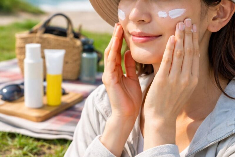 屋外で日焼け止めをムラなく塗り広げる様子