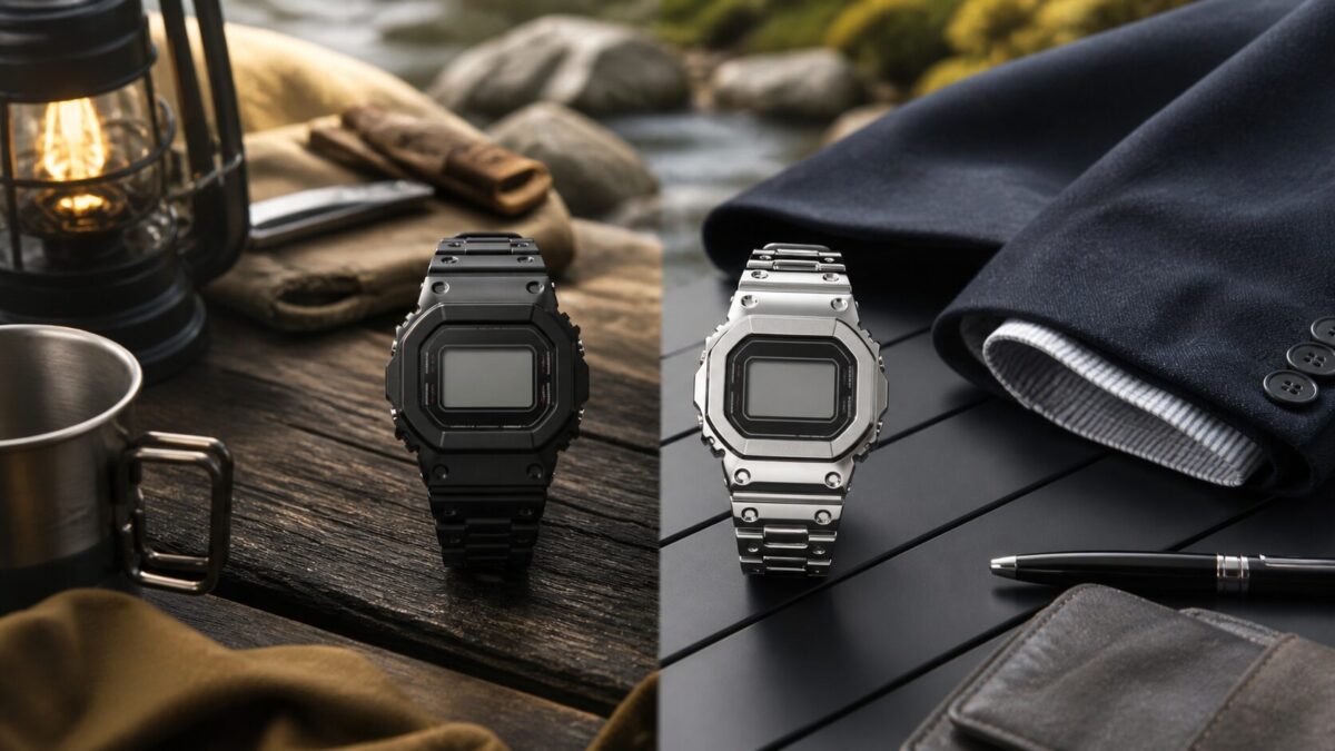 G-SHOCKがダサいか不安な大人向けに、黒系とメタル系の腕時計をキャンプ用品と街着で比較するイメージ。