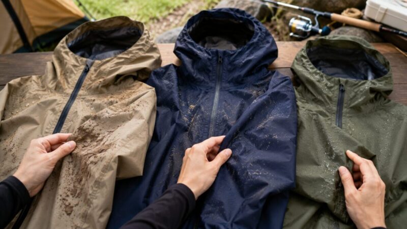 キャンプと釣りの道具を背景に、泥汚れや水滴が付いた3着のレインジャケットを確認する手元。