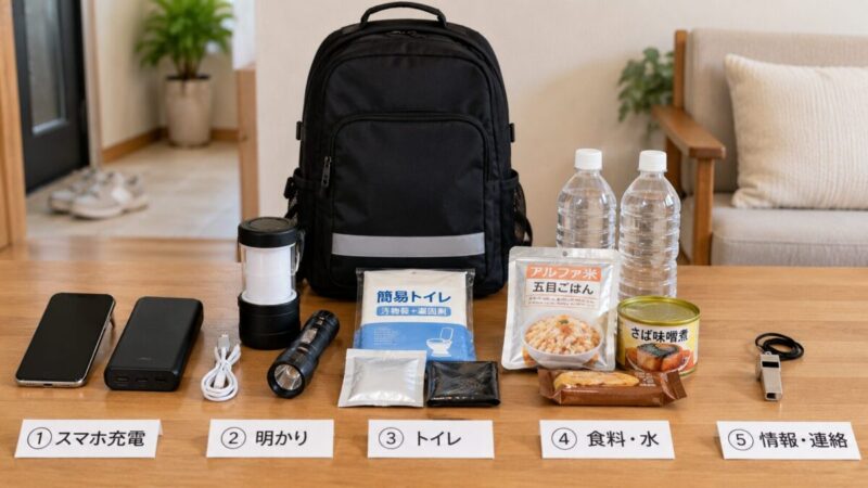 防災バッグの前にスマホ充電器やライト、簡易トイレ、防災食を優先順位ごとに並べた様子