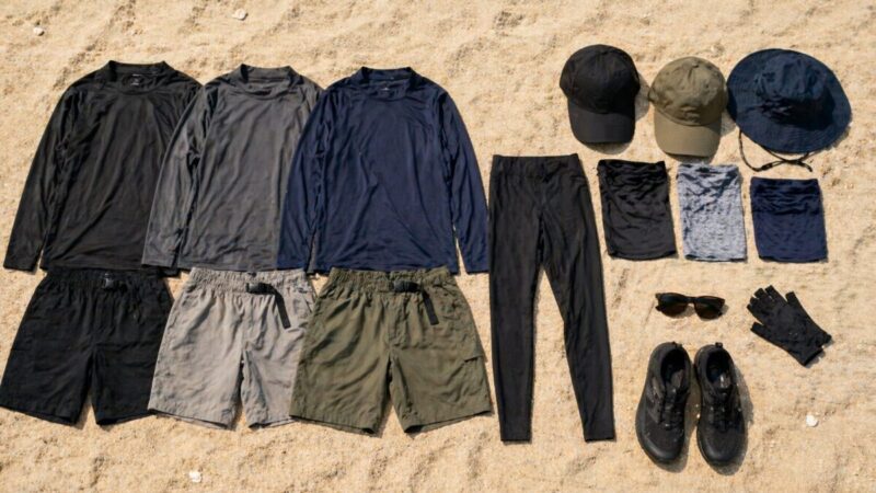 夏のサーフでまとまりやすい黒・グレー・カーキ中心のコーデ配色例。