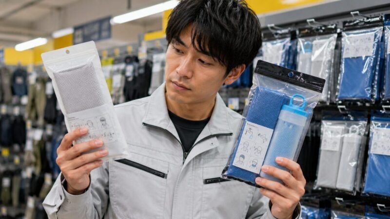 作業用品店で接触冷感タイプと水で濡らす冷却タオルの使用方法を比較する男性