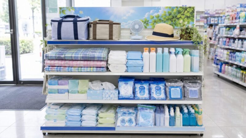 ドラッグストアの季節用品コーナーに並ぶレジャーシートや外遊び用品の様子