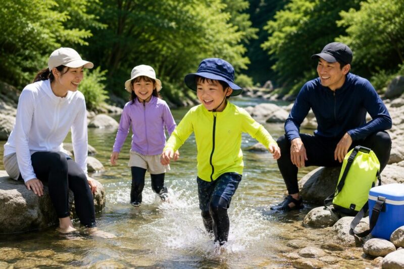 川遊びで大人は落ち着いた色、子どもは明るい色のラッシュガードを着て安全面を意識する様子