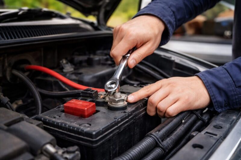 車のバッテリー端子を工具で外している手元のアップ写真