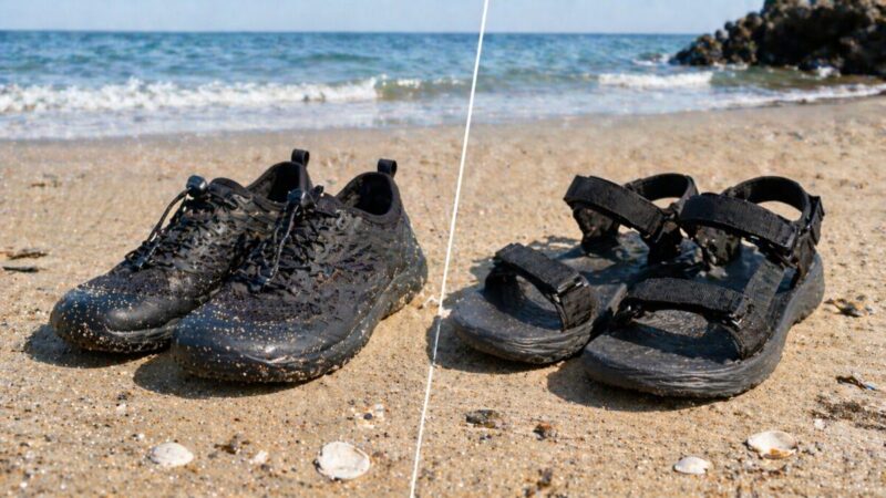 夏のサーフ釣りでサンダルと閉じた靴を比較するイメージ。