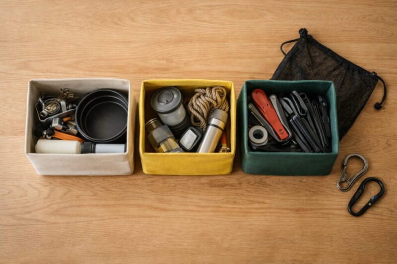 賃貸でも回しやすいキャンプ道具の分類と収納の型を示すイメージ