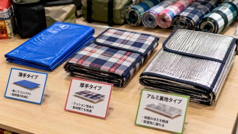 薄手タイプと厚手タイプとアルミ裏地タイプのレジャーシートを比較している様子