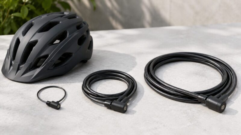 長さと太さが異なる3種類のワイヤーロックと自転車用ヘルメット