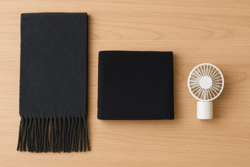 マフラーと筒状ネックウォーマーを並べて防風性を比較するイメージ