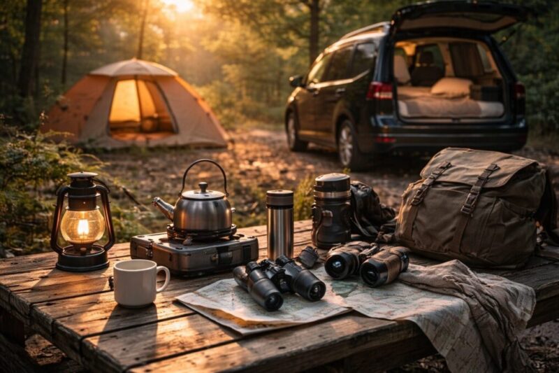 森のキャンプサイトで、テーブルに調理道具やランタンが並び、奥にテントと車中泊の車が見える風景。