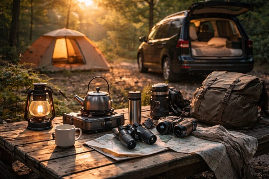 森のキャンプサイトで、テーブルに調理道具やランタンが並び、奥にテントと車中泊の車が見える風景。