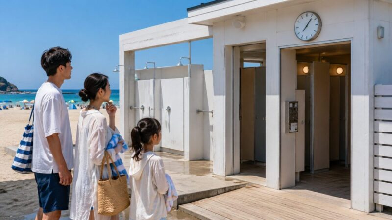 海水浴場の屋外シャワーとコイン式個室シャワーを利用前に確認する家族