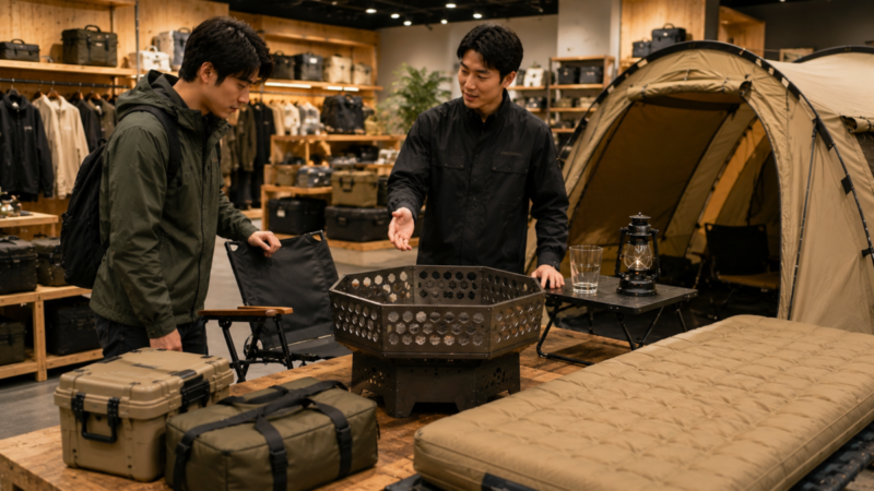 HILLS FIELDをイメージしたキャンプギアを店舗で比較しながら説明を受ける様子