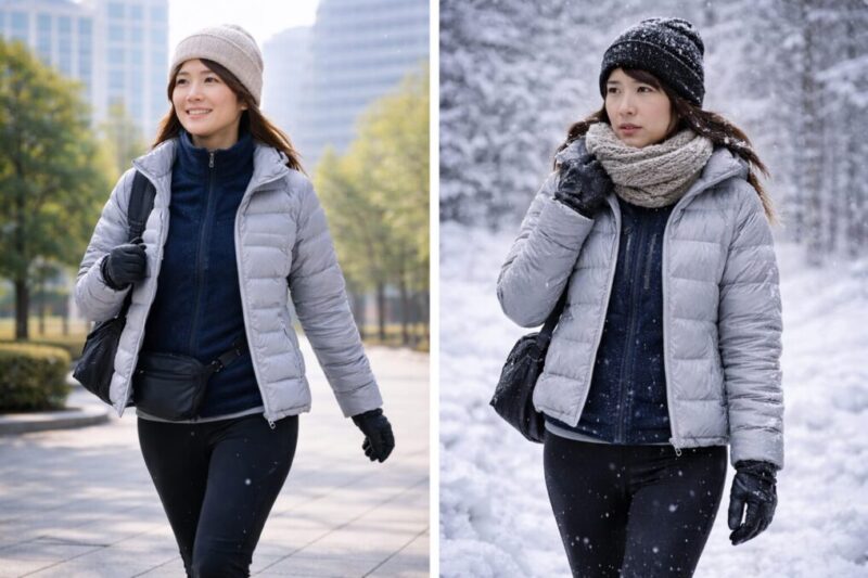 街の防寒と雪の環境で体感が大きく変わることを示す比較イメージ