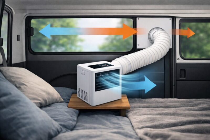 車内に置いた小型冷房機の冷風と、窓パネルを通じて外へ逃がす排気の流れを示したイメージ図