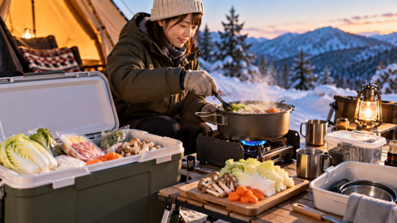 冬キャンプで食材をクーラーボックスに保冷し屋外で調理する様子