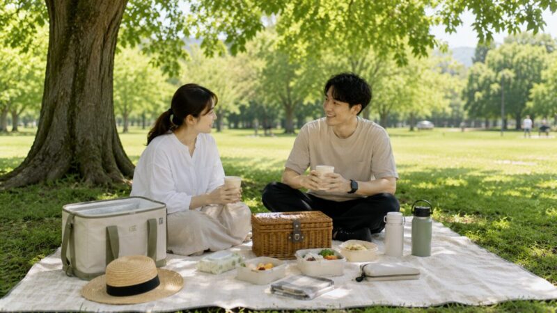 木陰のある公園で飲み物を飲みながらピクニックを楽しむ二人