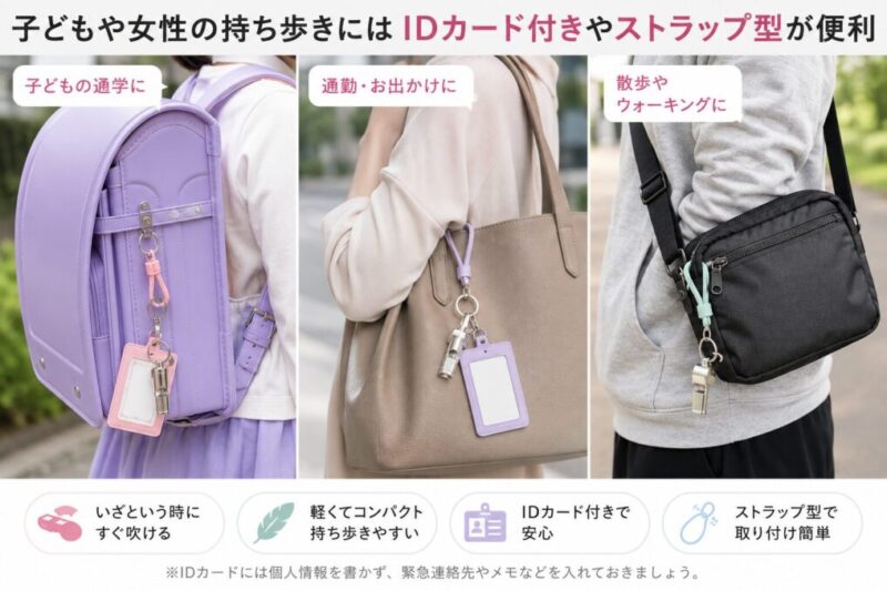 子どもや大人のバッグにストラップ型ホイッスルを付けるイメージ。