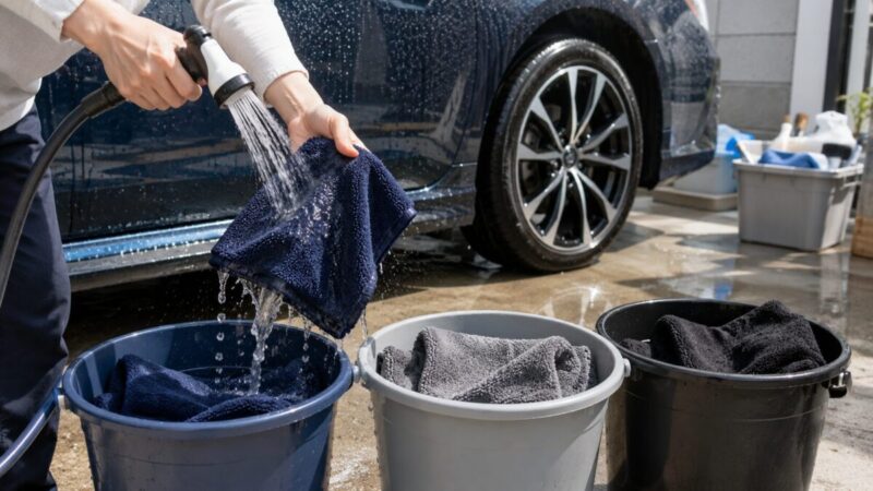 洗車後の吸水タオルをボディ用とガラス用とホイール用に分けて予洗いする様子