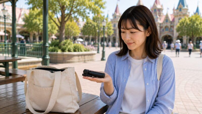 テーマパークのベンチで、短く折りたたんだ撮影グリップを手のひらに載せて確認する女性。