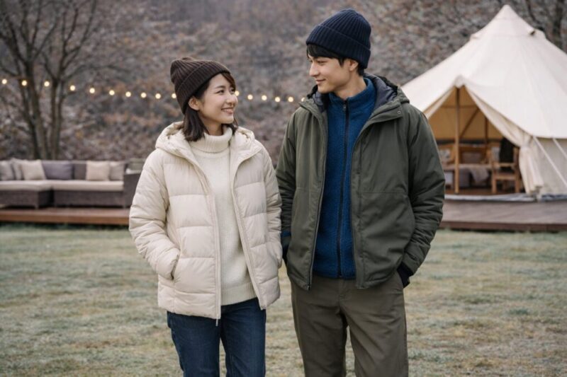 秋冬のグランピングで冷え込み対策をした防寒レイヤードコーデ