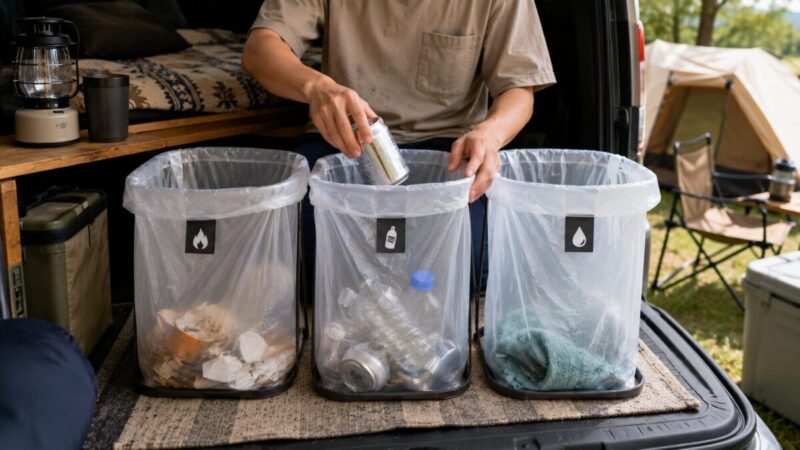 車中泊の荷室でゴミや資源ごみ、濡れ物を別々の袋に分けている様子