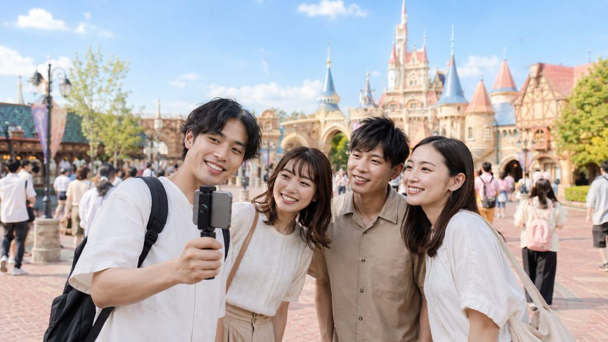 ファンタジー調のテーマパークで、短いスマホ用ハンドグリップを使って記念写真を撮る友人グループ。