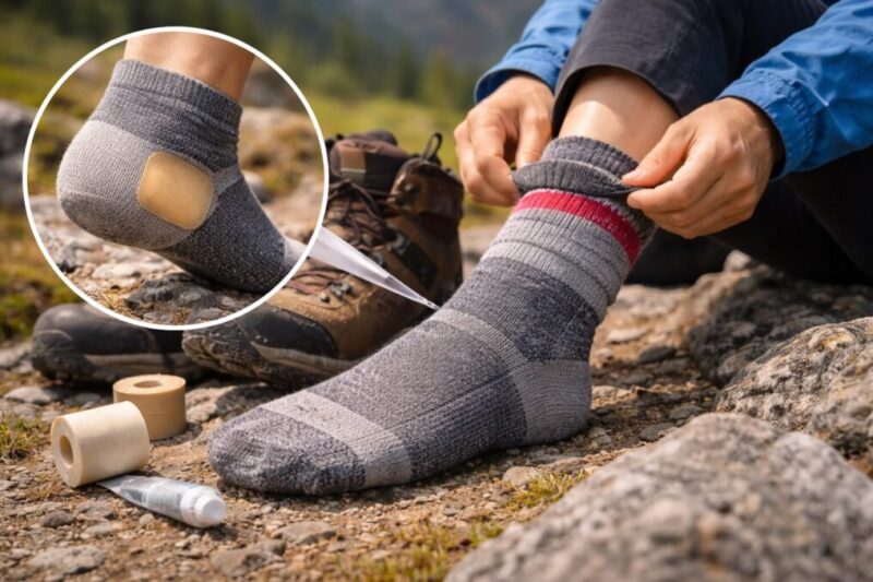 山道で靴下を整えながら足のトラブル対策をしている足元のイメージ