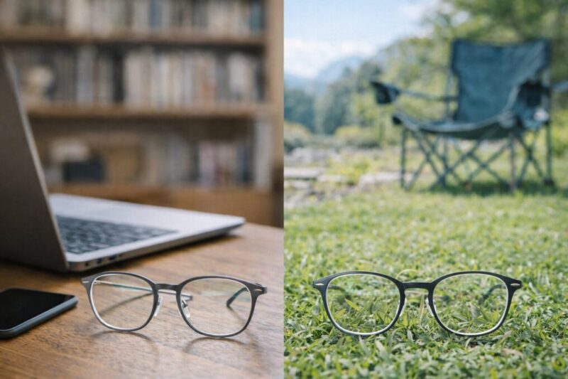 室内作業と屋外レジャーの両方で使えるメガネの比較イメージ