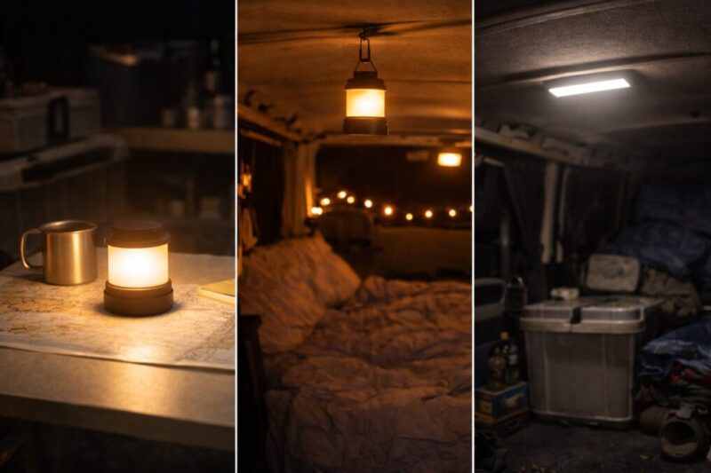 車中泊で手元灯就寝灯荷室灯を役割別に使い分けるイメージ