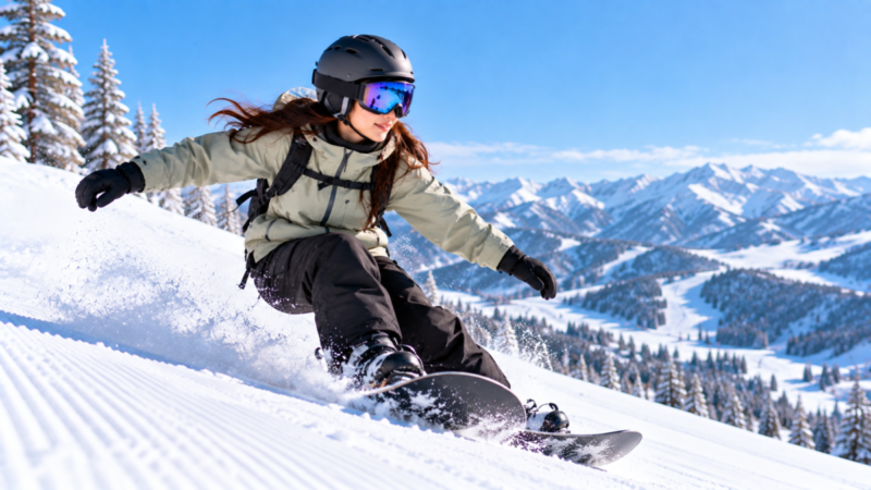 ヘルメットとゴーグルを着用して雪山を滑る女性スノーボーダー
