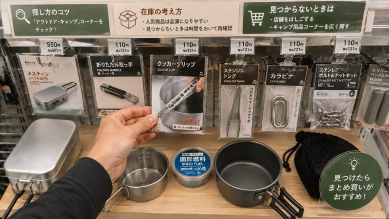 キャンプ用品売り場でクッカークリップやメスティンなどの調理小物を探している様子。