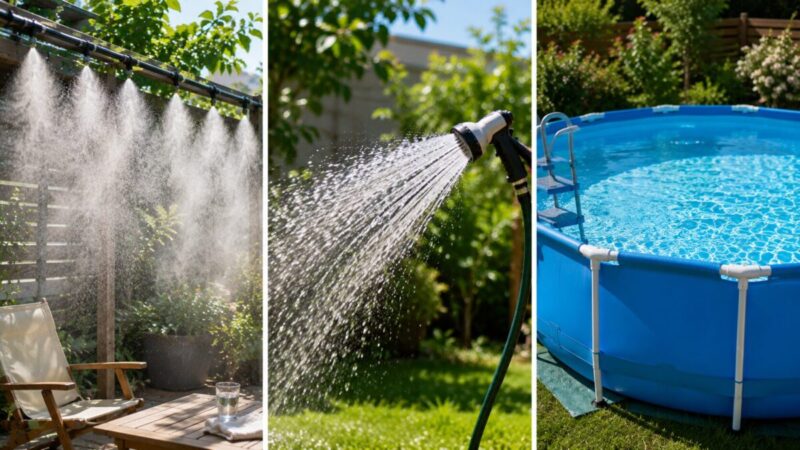 ミストシャワーと散水ホースと家庭用プールの水の使い方を比較した様子