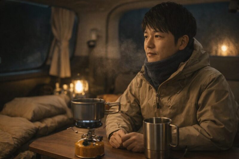 車中泊の車内でネックウォーマーを着用し、首元の冷えを抑えながらくつろぐ冬のイメージ写真。