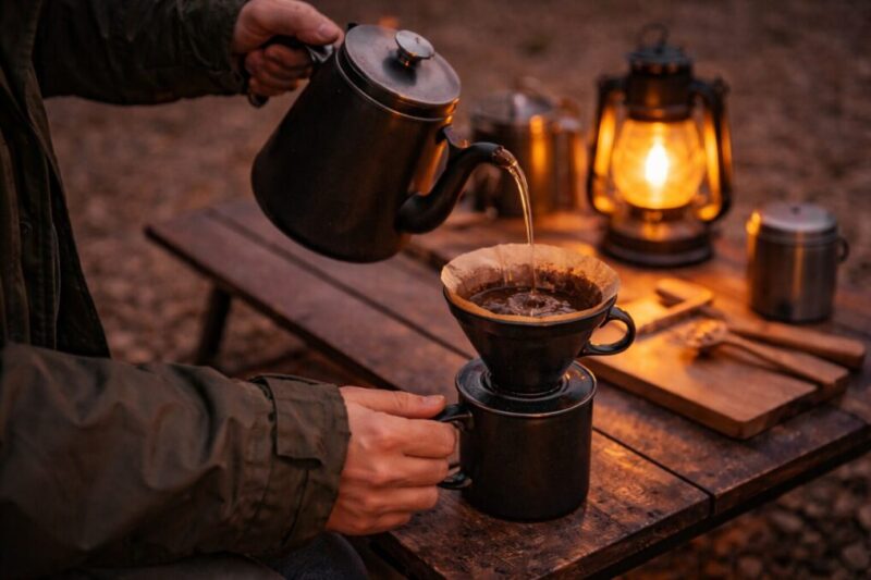 コーヒーを淹れる手元を横から撮影したキャンプシーン