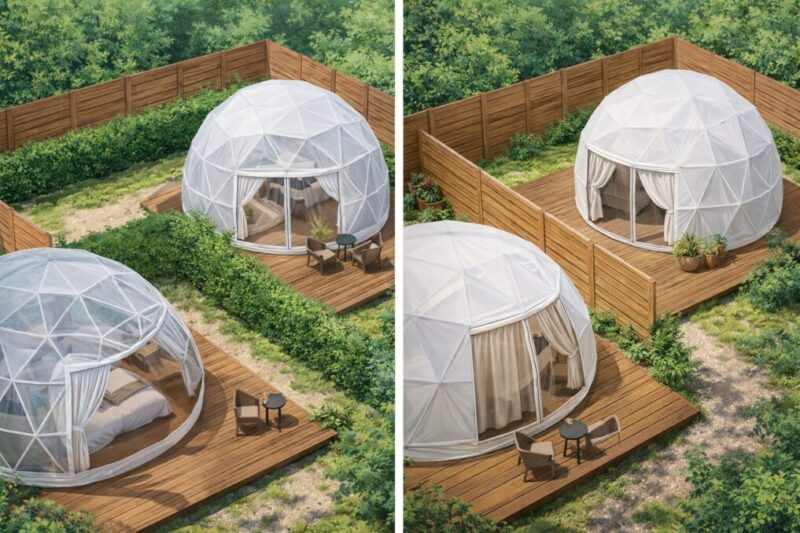 入口の向きやサイト配置でプライバシー性が変わるグランピング施設のイメージ