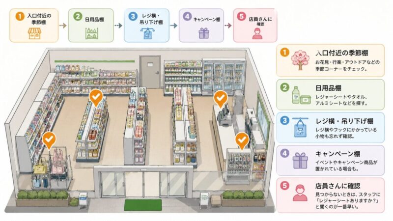 コンビニでレジャーシートを探す売り場の順番を示した店内案内図