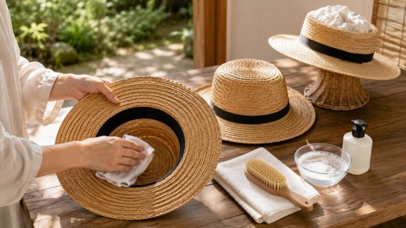 麦わら帽子の汗止め部分を拭き、薄紙を詰めて型崩れを防ぎながら手入れしている様子